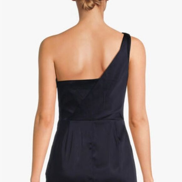 LAUREN Ralph Lauren Satin One-Shoulder Dress Navy Blue Size 14 - Picture 2 of 10